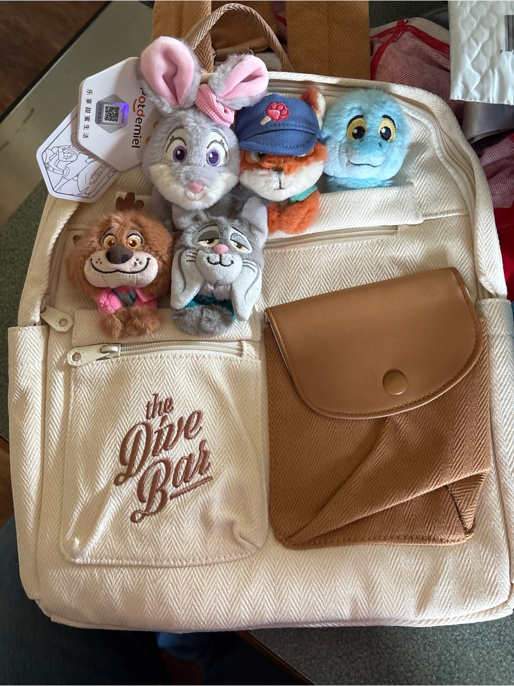 Disney Plush Character Backpack Clips on Cream and Brown Backpack